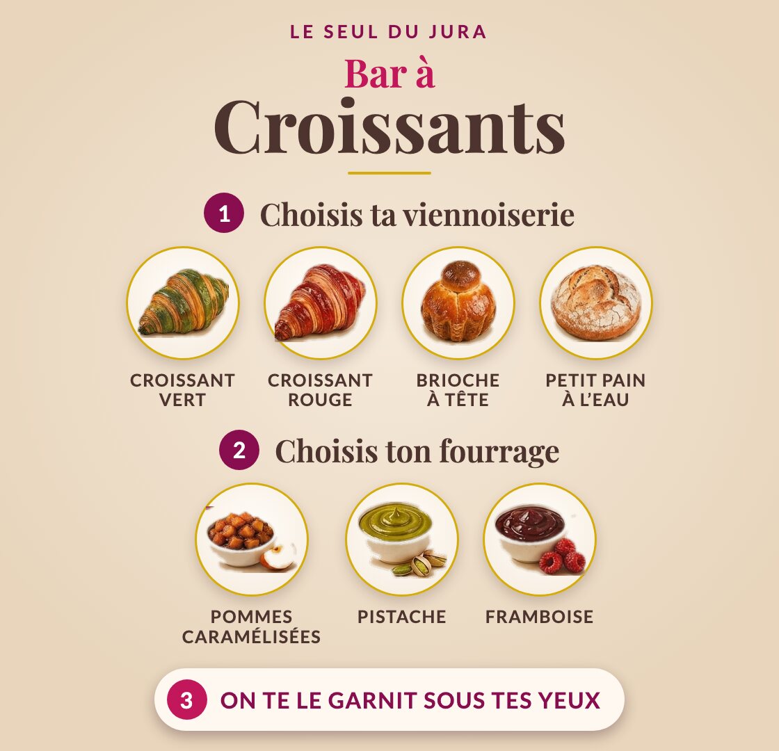 Bar à Croissants : 1. choisis ta viennoiserie (croissant vert, croissant rouge, brioche à tête ou petit pain à l’eau), 2. choisis ton fourrage (pommes caramélisées, pistache ou framboise), 3. on te le garnit sous tes yeux.